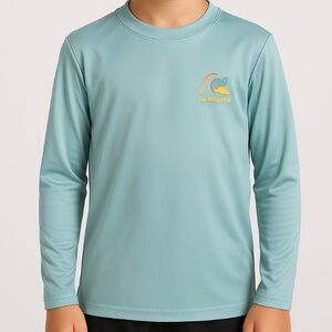Quiksilver Aqua Long Sleeve Rash Guard Shirt Recycled Size 12 M ….  (G2)..